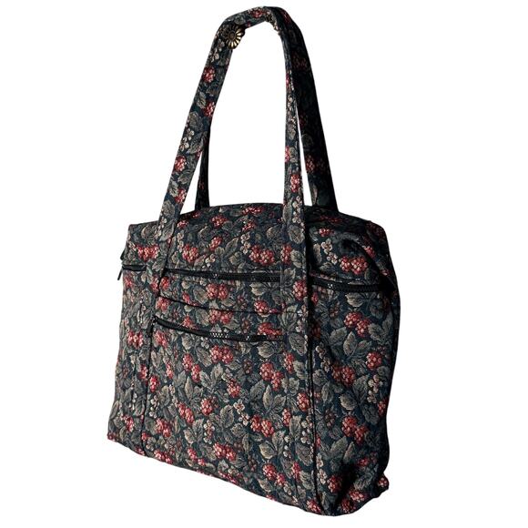 Vintage Navy Floral & Berry Tapestry Shoulder Tote Bag Handmade NH 15x14 USA - Picture 3 of 16